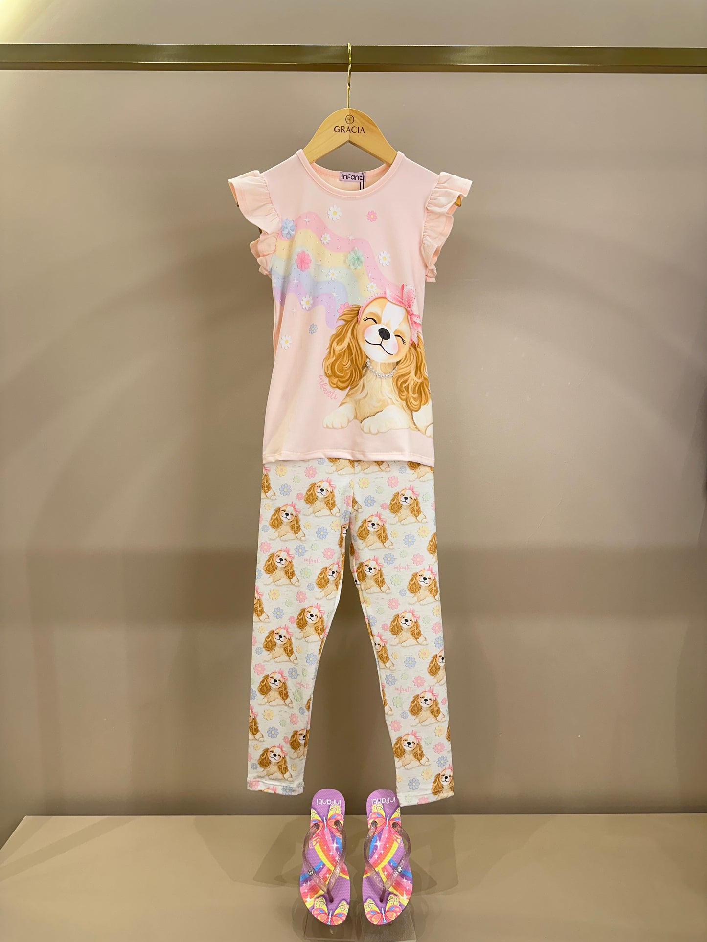 Conjunto Infantil Blusa Cachorrinha Flores e Legging Estampada Cachorrinhas - Infanti