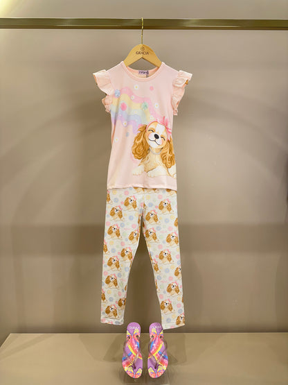 Conjunto Infantil Blusa Cachorrinha Flores e Legging Estampada Cachorrinhas - Infanti
