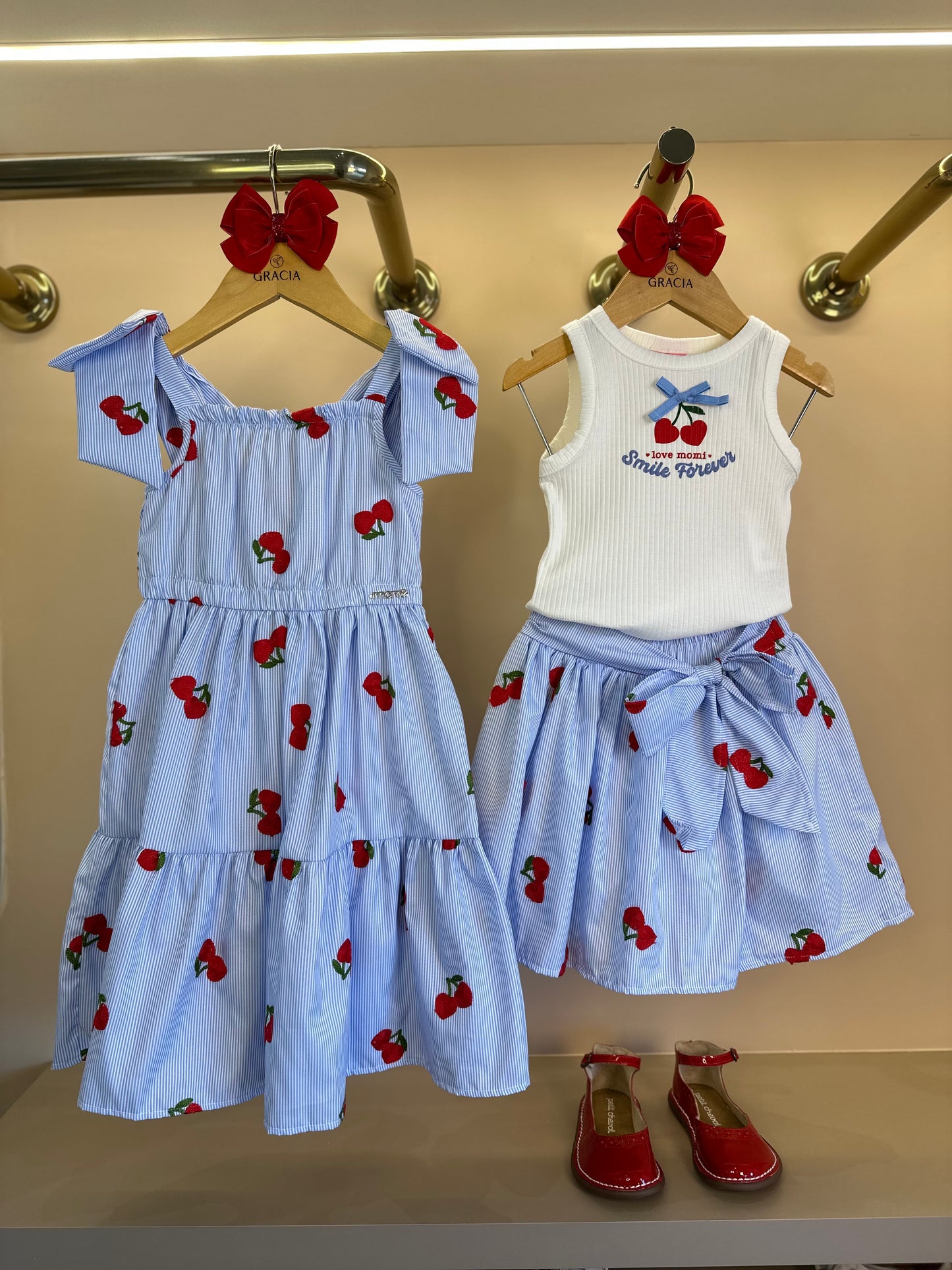 Vestido Infantil Listrado Azul Cerejinhas - Momi