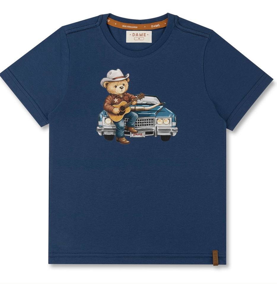 Conjunto Infantil Camiseta Azul Marinho Teddy Cowboy Violão Bermuda Algodão Listrado - Dame