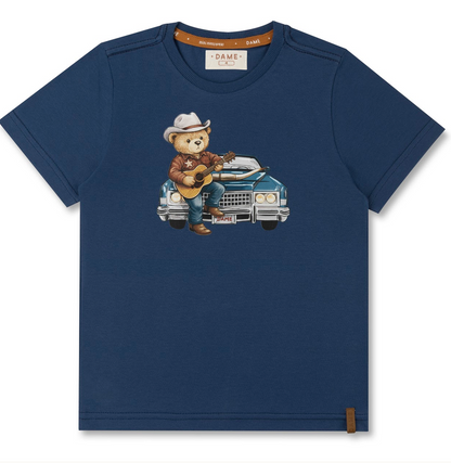 Conjunto Infantil Camiseta Azul Marinho Teddy Cowboy Violão Bermuda Algodão Listrado - Dame