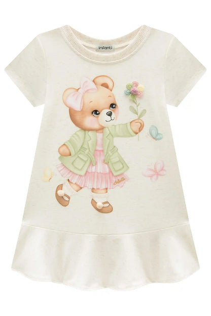 Vestido Infantil Molecotton Algodão Ursinha Flores Bege Claro - Infanti