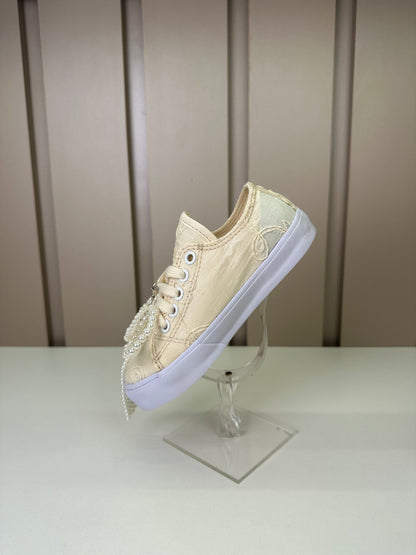 Tênis Infantil Casual Rendado Laço Pérolas Off White - Luluzinha