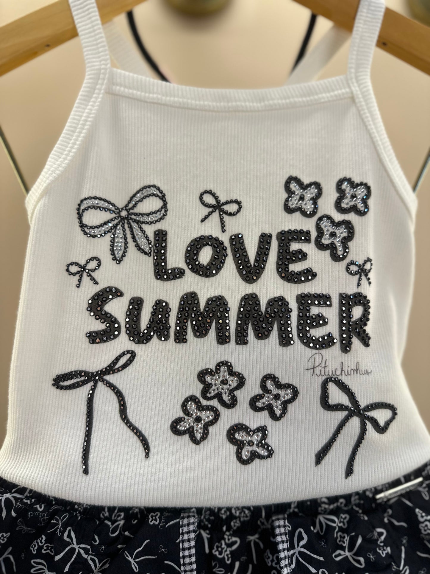 Conjunto Infantil  Blusa Love Summer Cristal e Saia-Shorts Mullet Laços e Flores - Pituchinhus