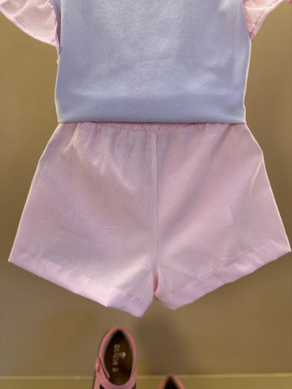 Conjunto Infantil Blusa Estampa Floral e Shorts Alfaiataria Listrado Rosa - Luluzinha