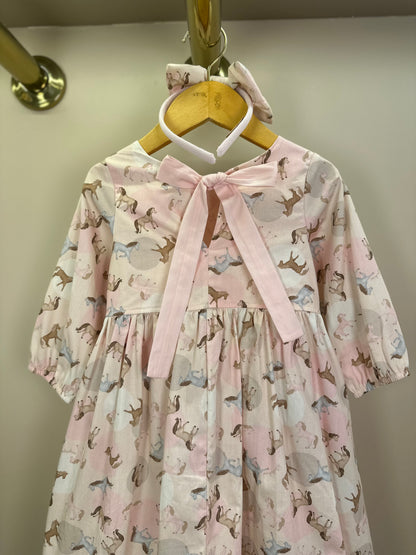 Vestido Infantil Algodão Estampa Cavalinhos e Poá Bolsos Rosa - Pituchinchus