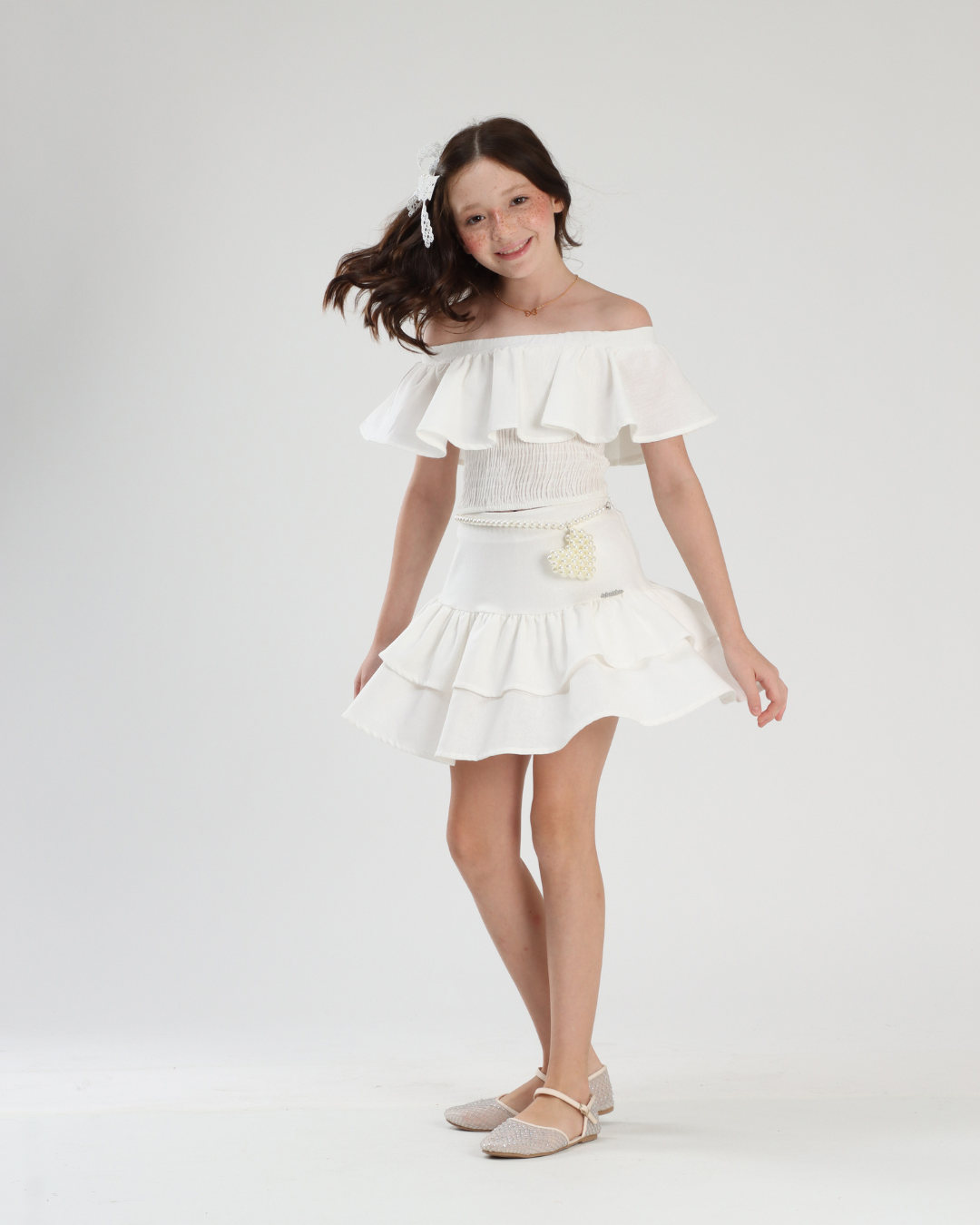 Conjunto Infantil Linho Blusa e Saia Cinto Pérolas e Coração - Luluzinha