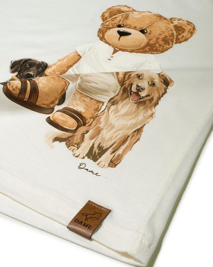 Conjunto Infantil Camiseta Teddy Cachorros Off e Bermuda Suedine Algodão Bolsos Grafite - Dame