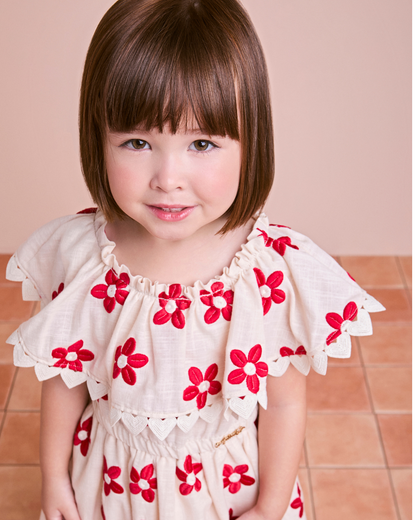Vestido Infantil Flores Vermelhas Bordadas - Animê