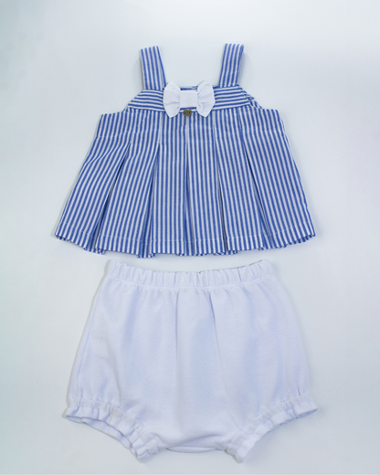 Conjunto Bebê Bata Listrada Azul Lacinho e Shorts Fofinho Piquet - Um Mais Um