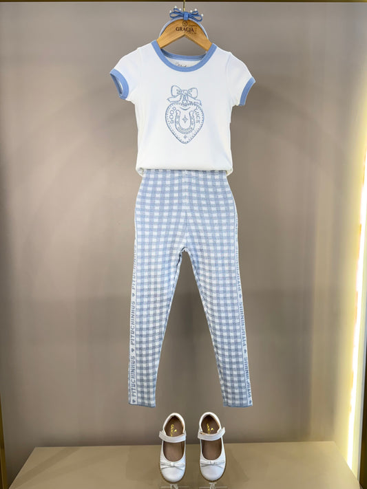 Conjunto Infantil Blusa Off White Good Luck Bordada e Legging Tricot Xadrez Azul - Pituchinhus