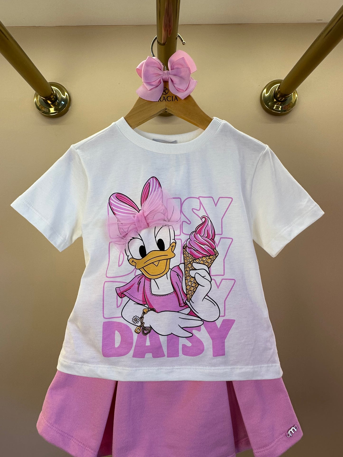 Conjunto Infantil Blusa Daisy Duck Com Laço e Shorts Saia Com Cós de Elástico - Momi