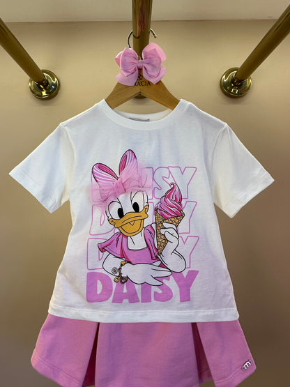 Conjunto Infantil Blusa Daisy Duck Com Laço e Shorts Saia Com Cós de Elástico - Momi
