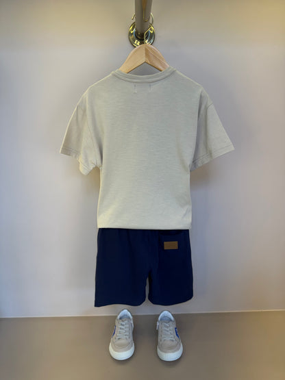 Conjunto Infantil Camiseta Teddy Hoodie Bege e Bermuda Moletom Elastano Elástico Listrado - Dame