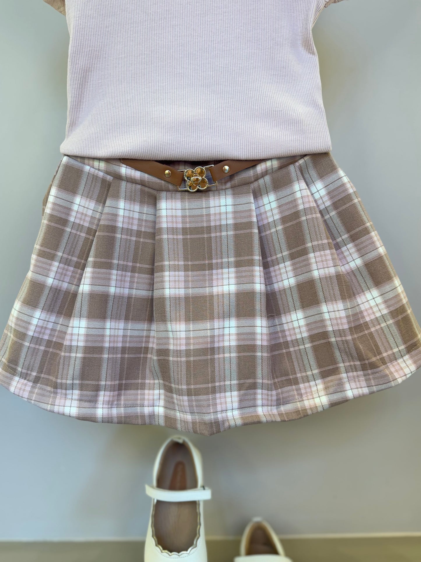 Conjunto Infantil Alfaiataria Blusa Algodão Rosa e Saia Xadrez - Petit Cherie