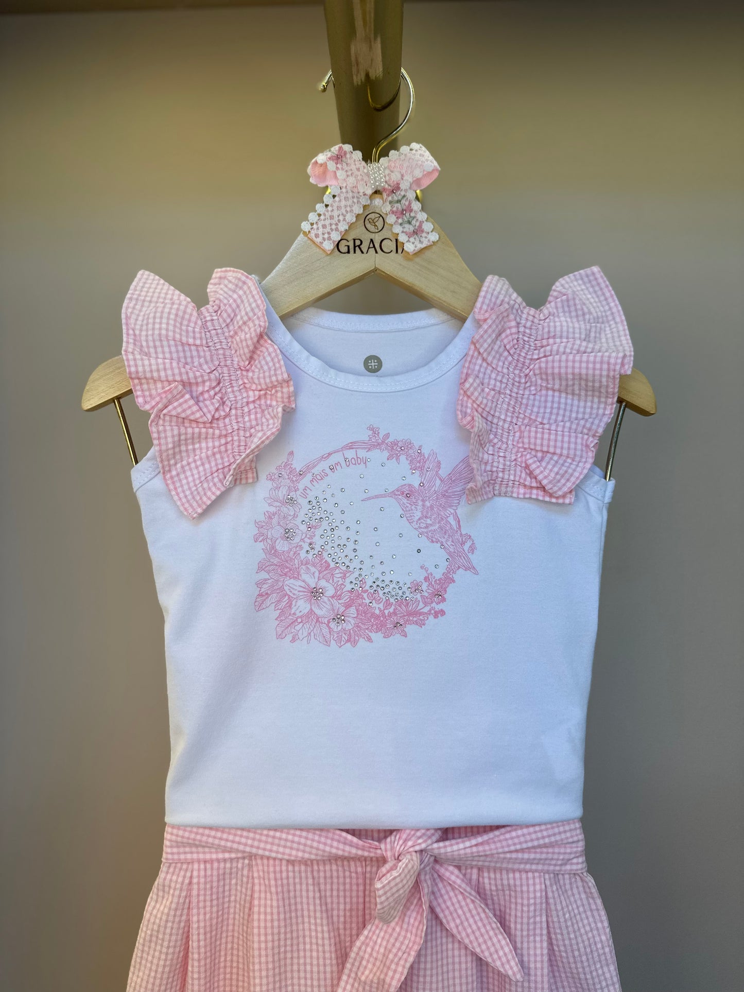 Conjunto Bebê Blusa com Strass e Calça Wide Leg Listrada Rosa- Um Mais Um