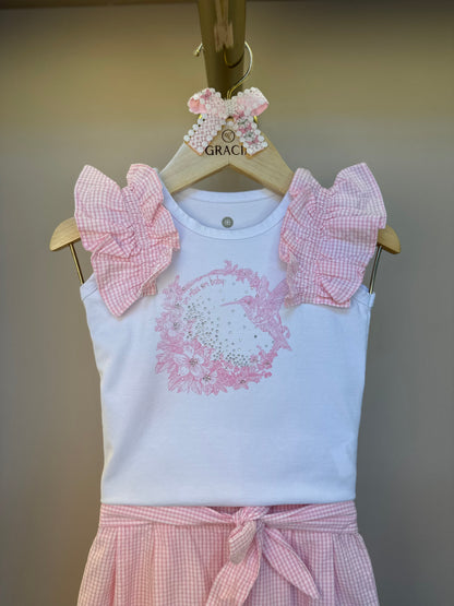Conjunto Bebê Blusa com Strass e Calça Wide Leg Listrada Rosa- Um Mais Um