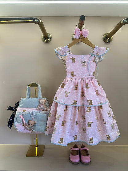 Vestido Infantil Algodão Estampa Ursinhos  Com Babados - Pituchinhus