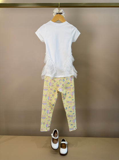 Conjunto Infantil Blusa Strass Em Tule e Calça Legging Estampada - Petit Cherie