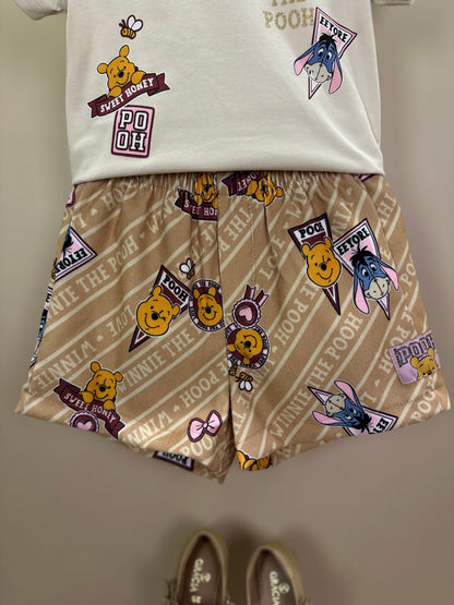 Conjunto Infantil Blusa MC Branca Pooh e Shorts Bege Vanilla - Momi