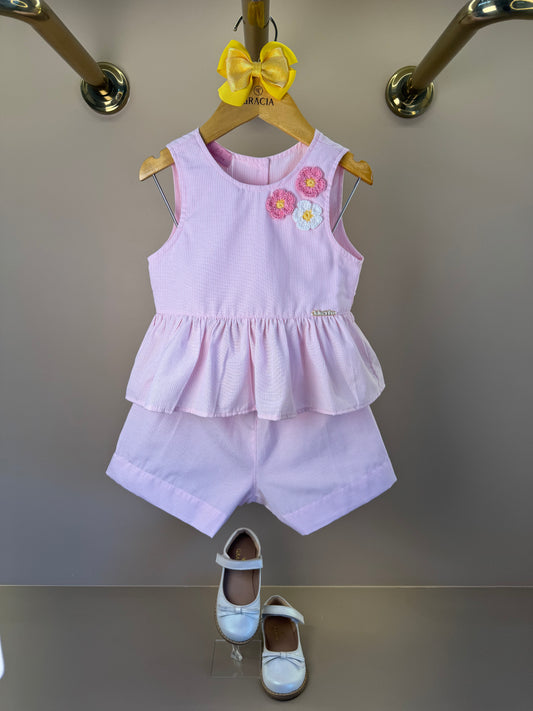Conjunto Infantil Blusa Com Aplicação de Flor Em Crochê e Shorts - Luluzinha