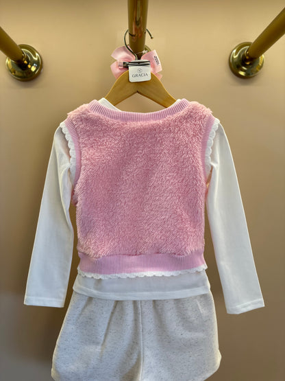 Conjunto Trio Blusa ML Off White, Colete Rosa e Saia Bege - Infanti