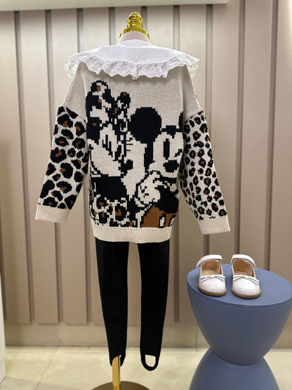 Conjunto Infantil Trio Tricot Minnie Animal Print, Camisa Gola Babados Rendas e Calça Montaria com Pezinho Preta - Animê