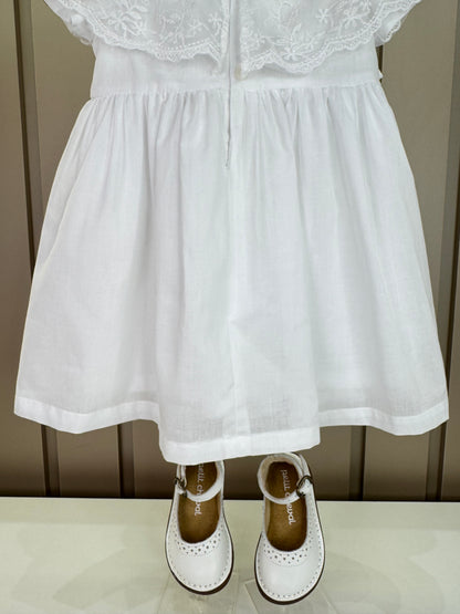 Vestido Bebê Algodão Gola Babados Bordada com Lacinhos Branco - Roana