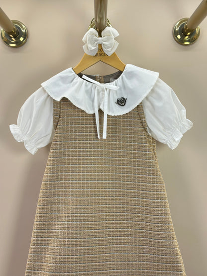 Vestido Infantil Manga Curta Tweed Xadrez Bege - Animê Petite