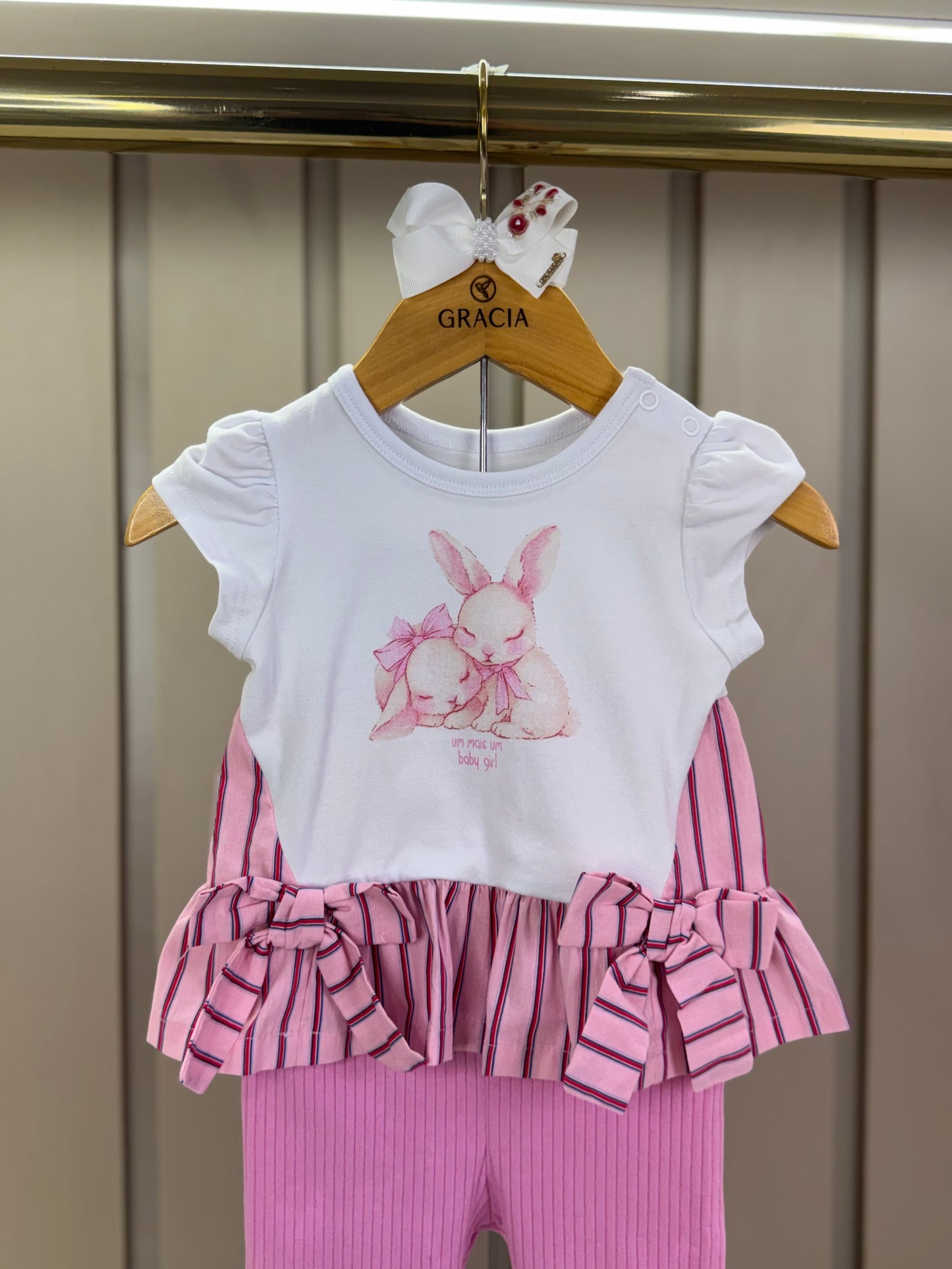 Conjunto Bebê Bata De Cotton Detalhe Tricoline E Calça Legging Rosa - Um Mais Um