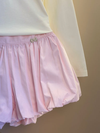 Conjunto Infantil Blusa ML Lacinho Branca e Shorts Balonê Rosa Claro - Luluzinha