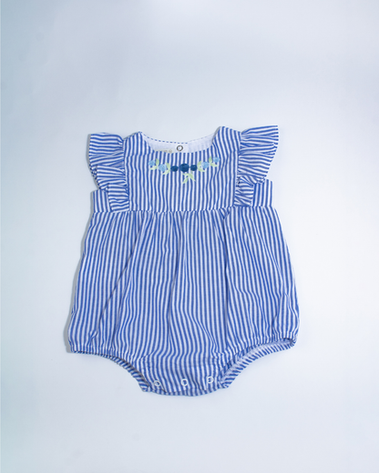Romper Bebê Algodão Listrado Azul e Bordado Flores - Um Mais Um