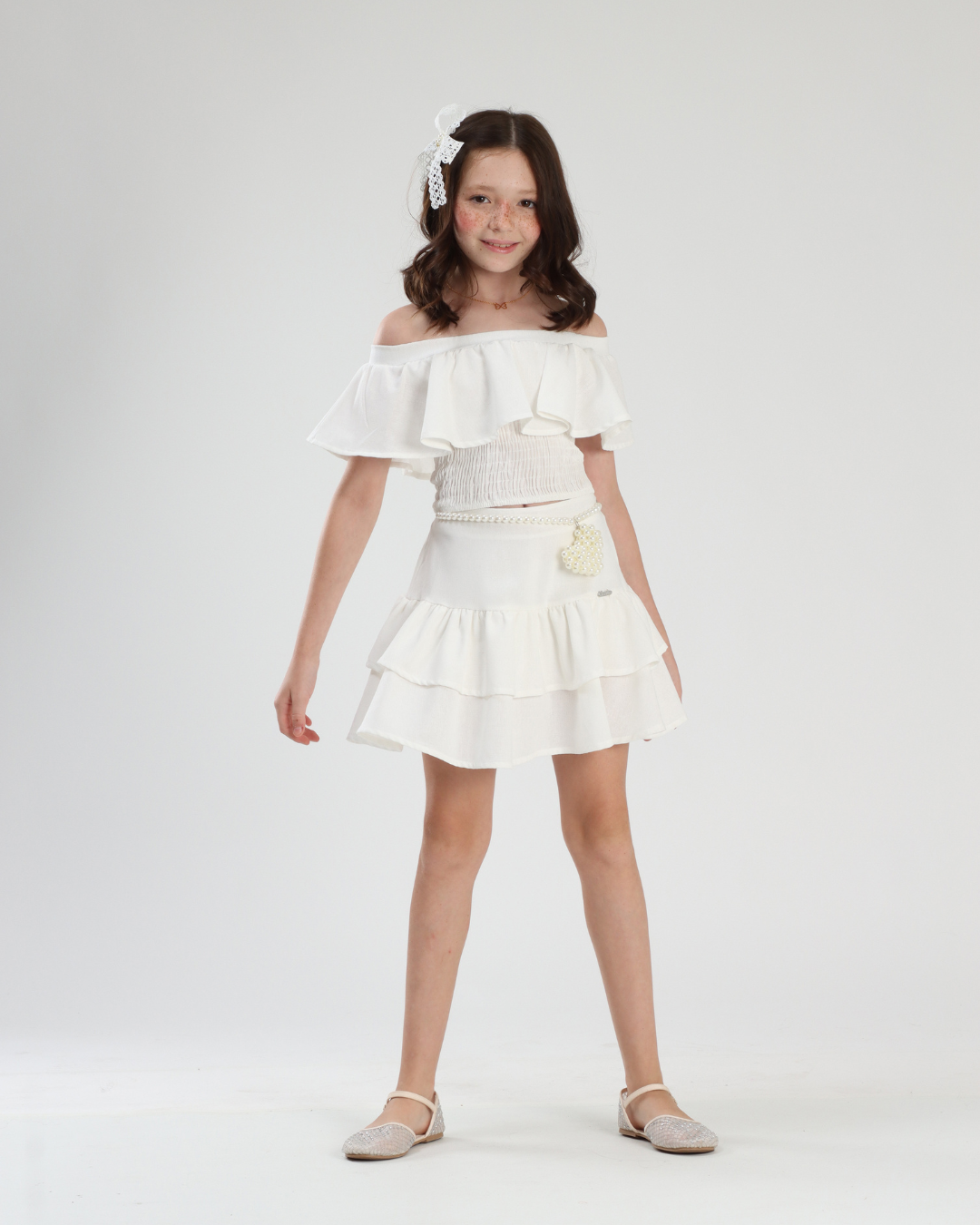 Conjunto Infantil Linho Blusa e Saia Cinto Pérolas e Coração - Luluzinha