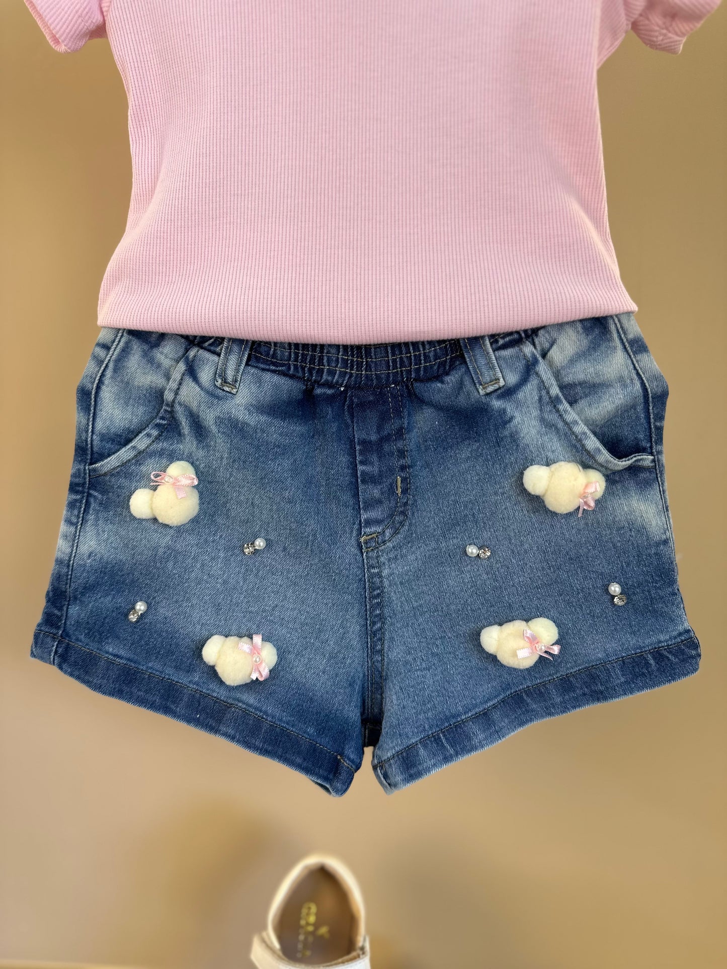 Conjunto Infantil Blusa Rosa e Shorts Jeans Ursinhos  Pompom  - Gabriela Aquarela
