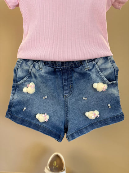 Conjunto Infantil Blusa Rosa e Shorts Jeans Ursinhos  Pompom  - Gabriela Aquarela