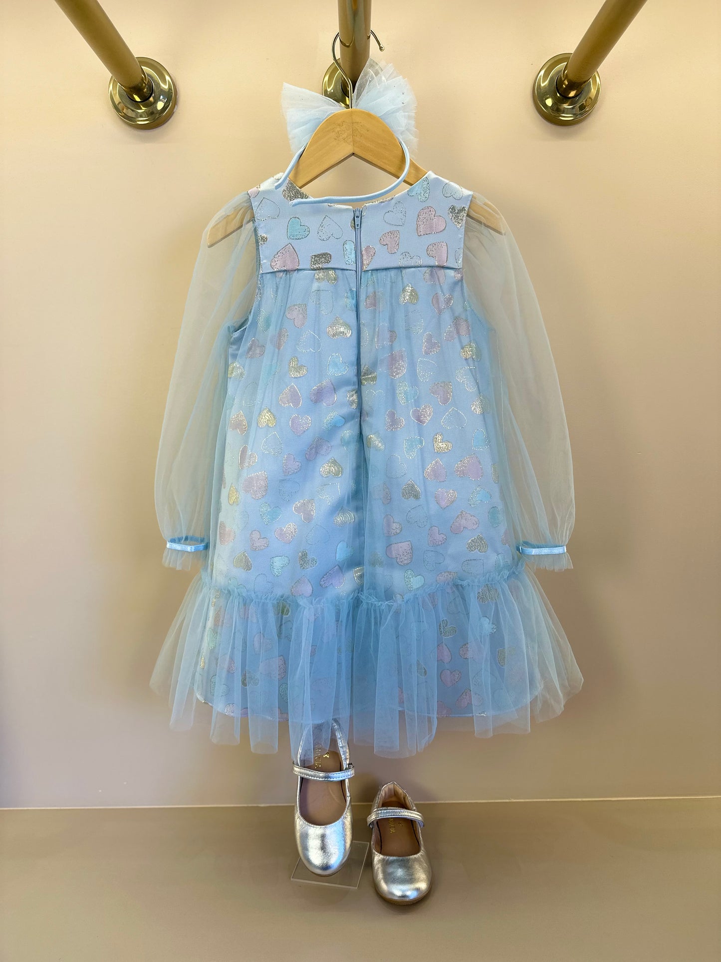 Vestido Infantil Trapézio ML Tule Jacquard Corações Azul - Petit Cherie
