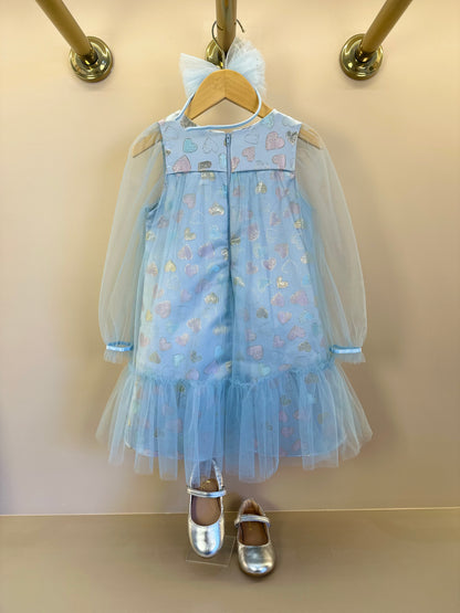 Vestido Infantil Trapézio ML Tule Jacquard Corações Azul - Petit Cherie