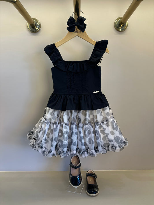 Conjunto Infantil Blusa Peplum Babadinho e Saia Rodada Tule Animal Print P&B - Luluzinha