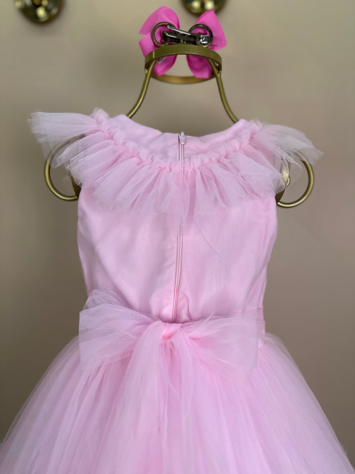 Vestido Infantil Gola Bordada Em Tule Rosa - Petit Cherie