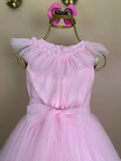 Vestido Infantil Gola Bordada Em Tule Rosa - Petit Cherie