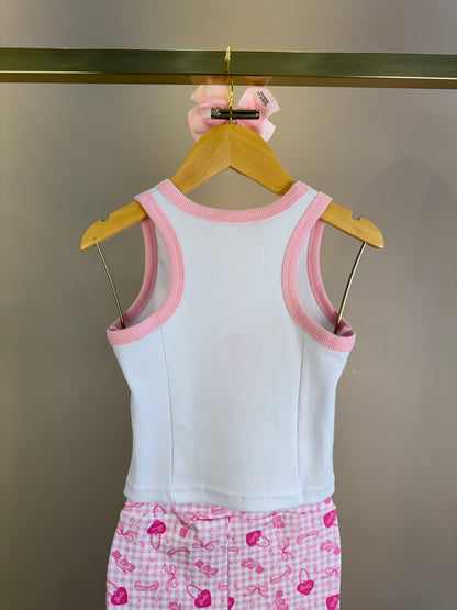 Conjunto Infantil Regata Barbie Cristais Off White e Calça Legging Barbie Rosa Xadrez - Pituchinhus