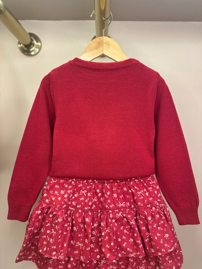 Conjunto Infantil Blusa Tricot Laço Bordado Pérolas E Cristais Bala de Cereja e Saia-shorts Mini Flores Babados e Laços