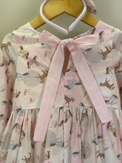 Vestido Infantil Algodão Estampa Cavalinhos e Poá Bolsos Rosa - Pituchinchus