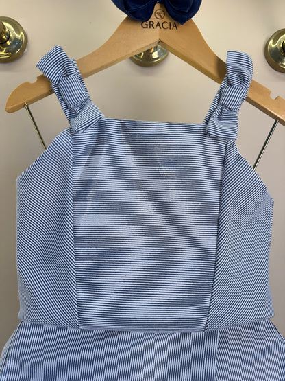 Conjunto Infantil Azul Marinho Listrado Blusa Com Laços Nos Ombros e Shorts Saia - Petit Cherie