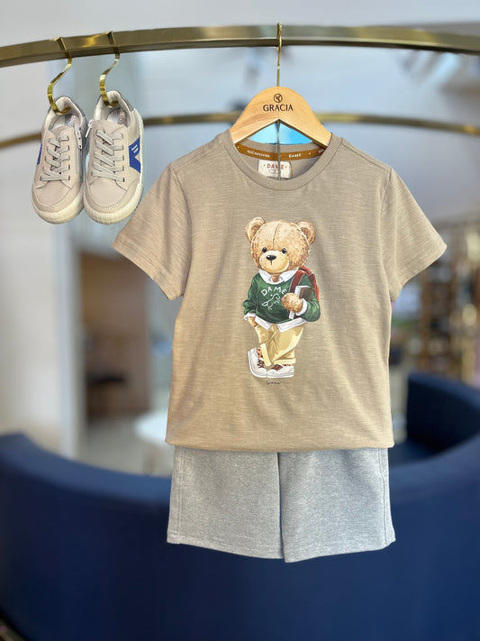 Conjunto Infantil Camiseta Teddy Estudante Gelo e Bermuda Moletom Básica Cinza - Dame