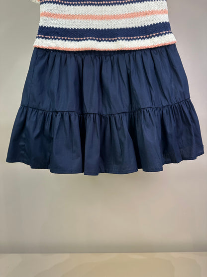Conjunto Teen Blusa Polo Malha Tricot listrada e Saia-shorts Tricoline Marinho - Two In