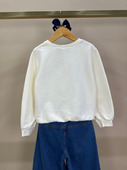 Conjunto Infantil Feminino Casaco Daisy Laço Off White com Calça Jeans Reta Laços Jeans Casual - Momi