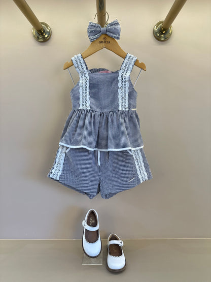 Conjunto Infantil Algodão Blusa Xadrez Renda Bordada e Shorts Xadrez Bordado e Renda - Pituchinhus