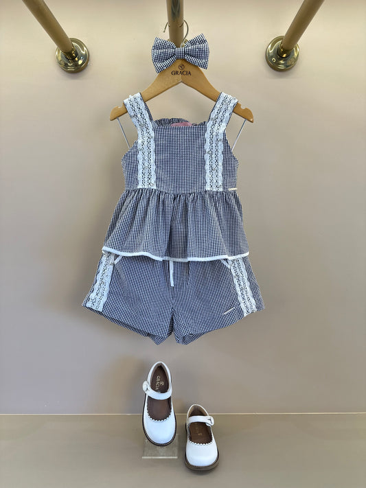 Conjunto Infantil Algodão Blusa Xadrez Renda Bordada e Shorts Xadrez Bordado e Renda - Pituchinhus
