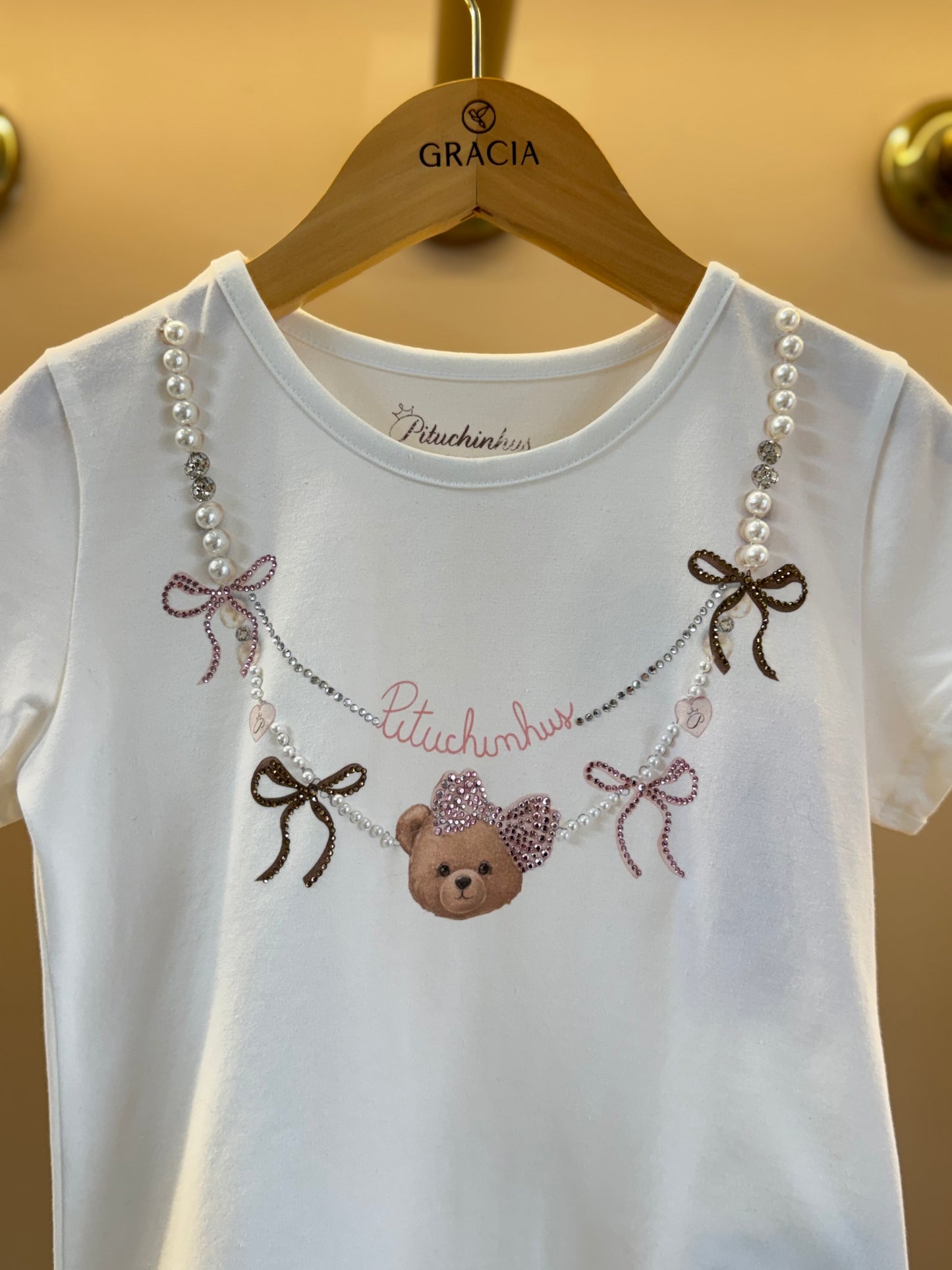 Blusa Infantil Algodão Cotton Ursinha Colar Bordado Off White - Pituchinhus
